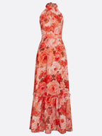 Orange Red Floral Bow Chiffon Halter Sleeveless A-Line Maxi Dress