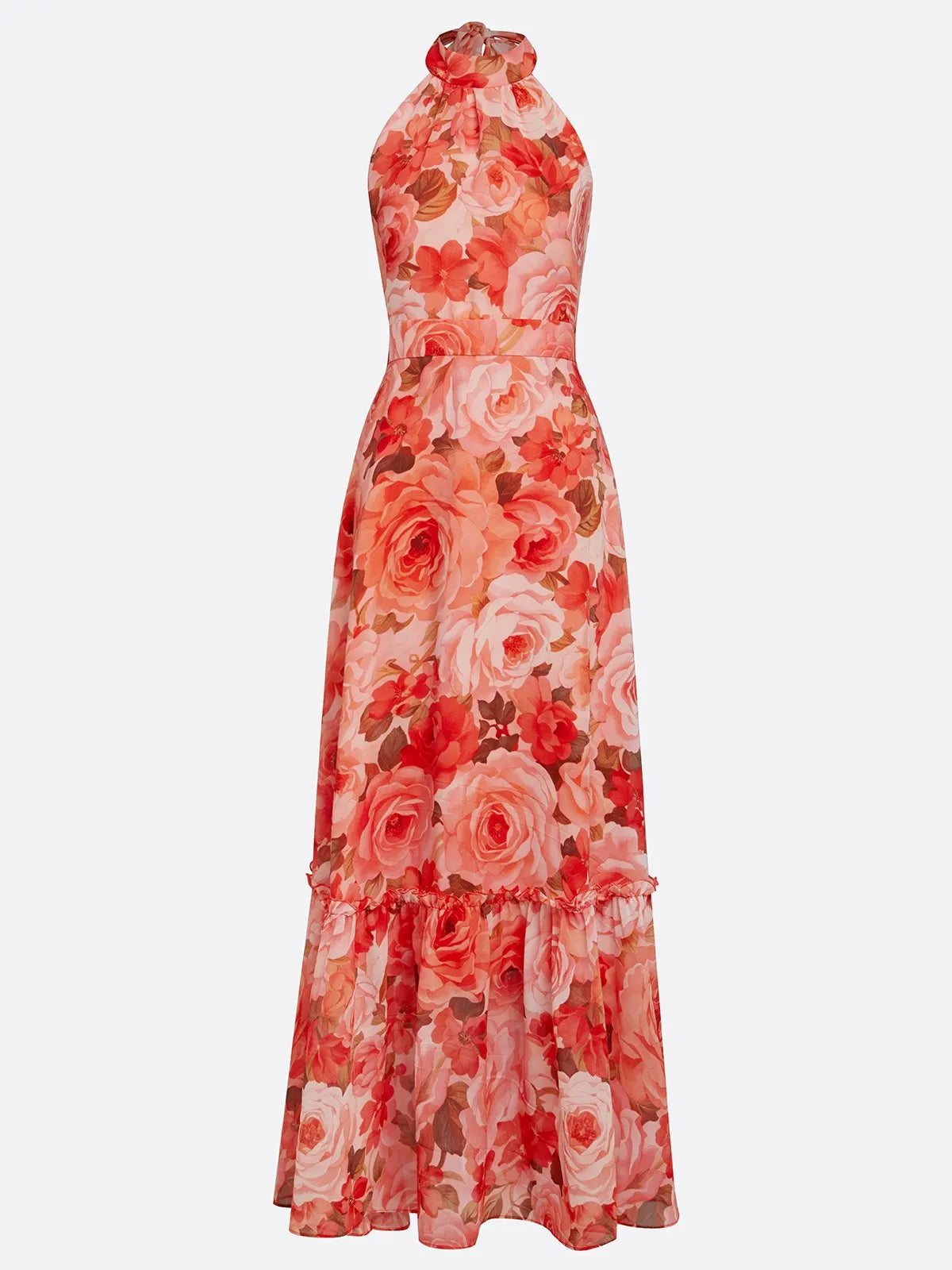 Orange Red Floral Bow Chiffon Halter Sleeveless A-Line Maxi Dress