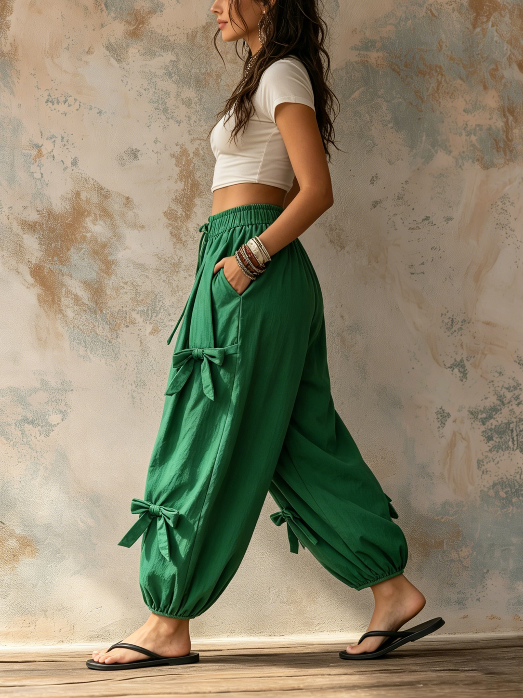 Emerald Green Bow-Detail Harem Pants - Casual Balloon Trousers