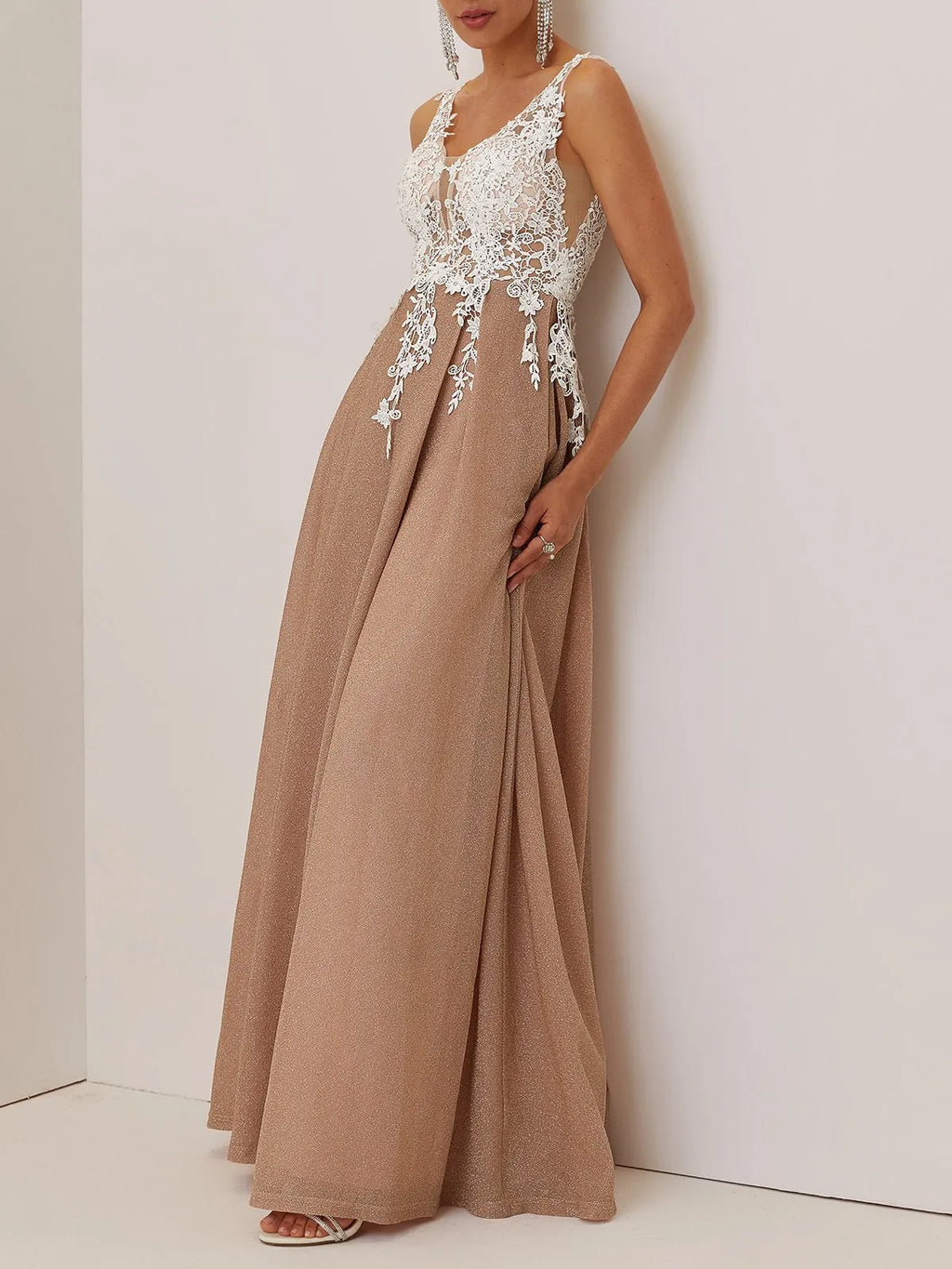 Apricot Lace Prom Dress V Neck Sleeveless A-Line Maxi Mother of the Bride or Groom Dress