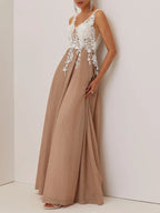Apricot Lace Prom Dress V Neck Sleeveless A-Line Maxi Mother of the Bride or Groom Dress