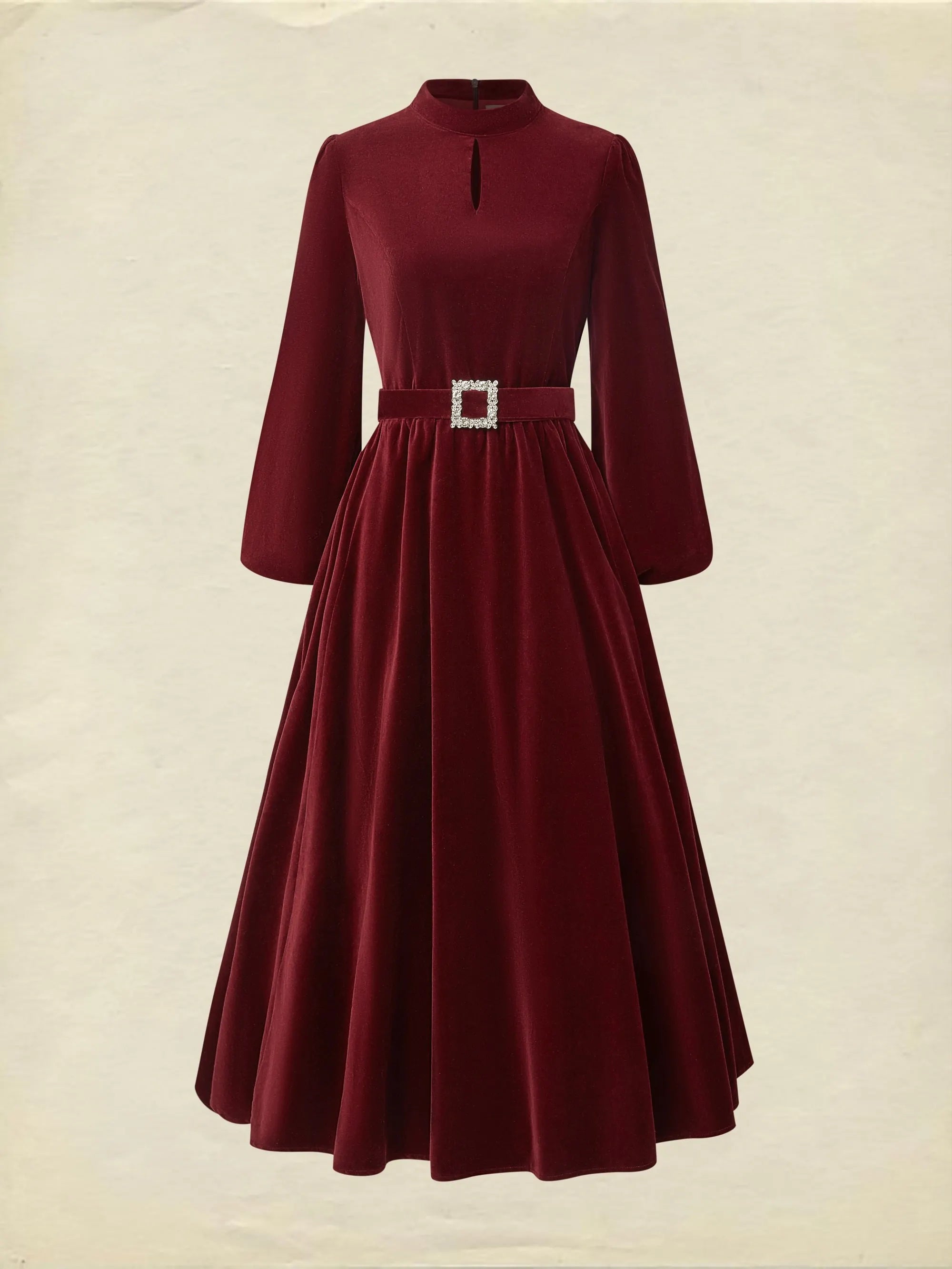 Midi Cotton Dress, Long Sleeves, Stand Collar, Plain, Vintage, Wine Red