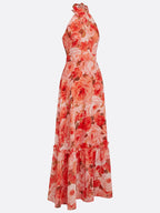 Orange Red Floral Bow Chiffon Halter Sleeveless A-Line Maxi Dress