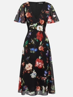 Black Floral Chiffon V Neck Short Sleeve Bell Sleeve A-Line Midi Dress