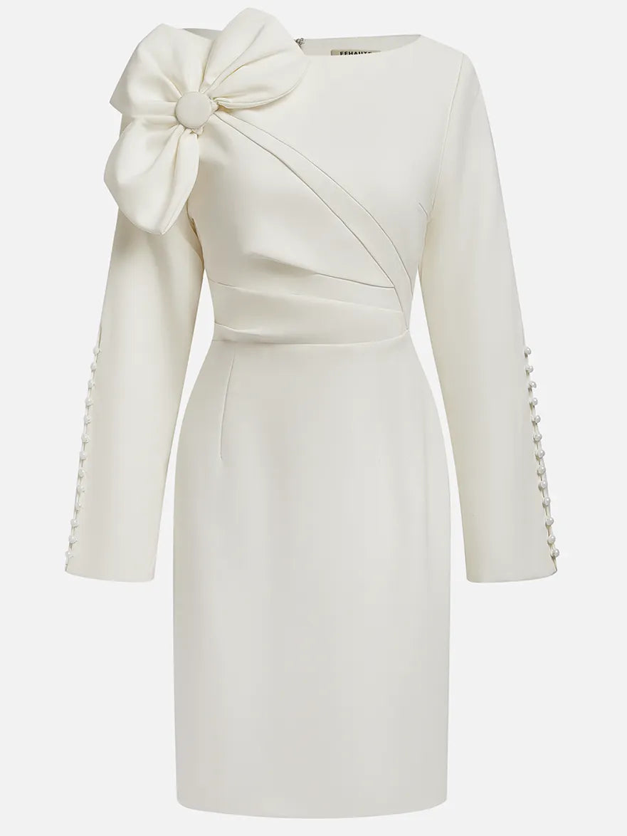 Cream White Bow Long Sleeve Sheath Midi Dress