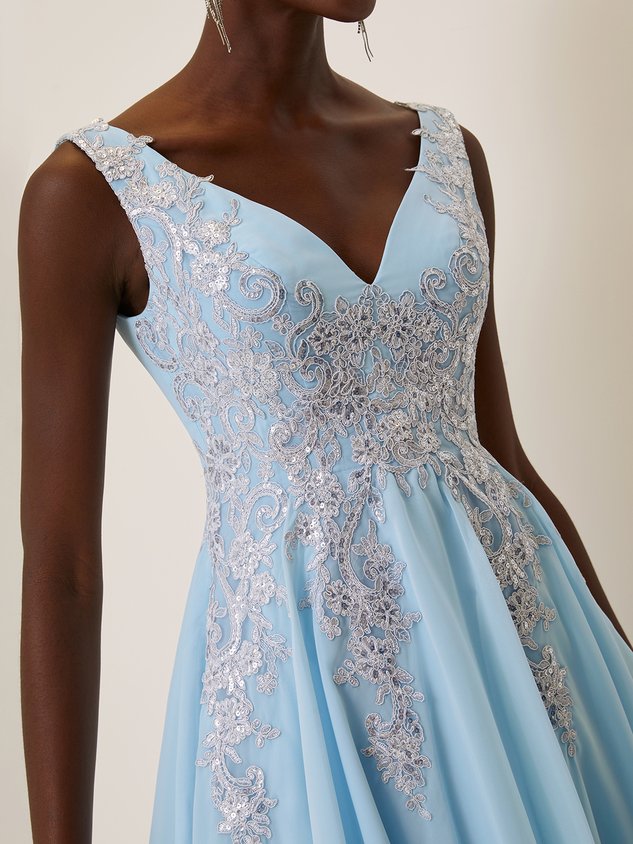 Light Blue Sequin Lace Asymmetric Chiffon V Neck Sleeveless A-Line Maxi Dress