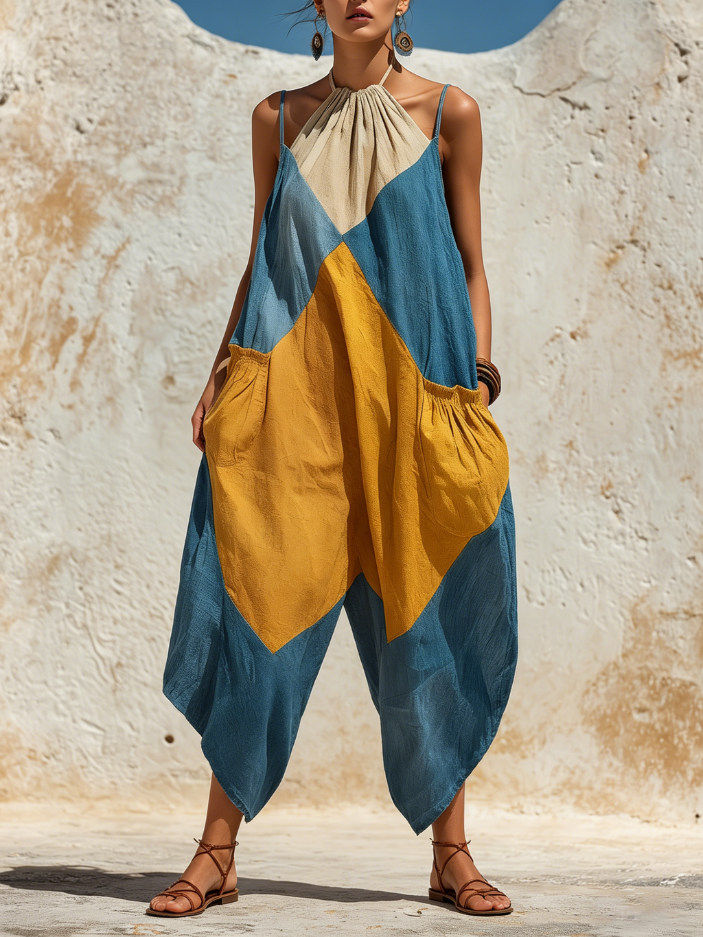 Loose-Fit Color-Block Denim Halter Jumpsuit with Pockets