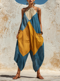 Loose-Fit Color-Block Denim Halter Jumpsuit with Pockets