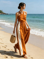 Burnt Orange Halter Neck Color Block Wide-Leg Jumpsuit