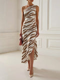 Khaki Slit Classic One Shoulder Sleeveless Sheath Midi Dress