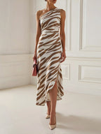 Khaki Slit Classic One Shoulder Sleeveless Sheath Midi Dress