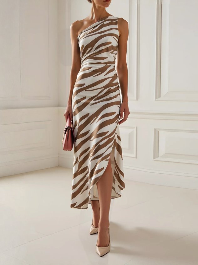 Khaki Slit Classic One Shoulder Sleeveless Sheath Midi Dress