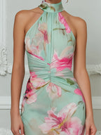 Elegant Floral Halter Bodycon Midi Dress