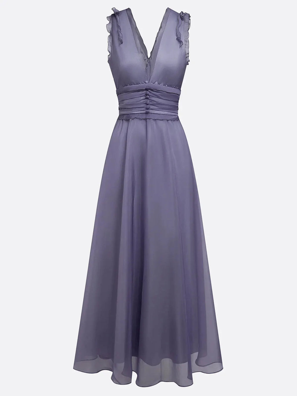 Deep Purple Ruffled Chiffon V Neck Sleeveless A-Line Gown Dress