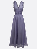Deep Purple Ruffled Chiffon V Neck Sleeveless A-Line Gown Dress