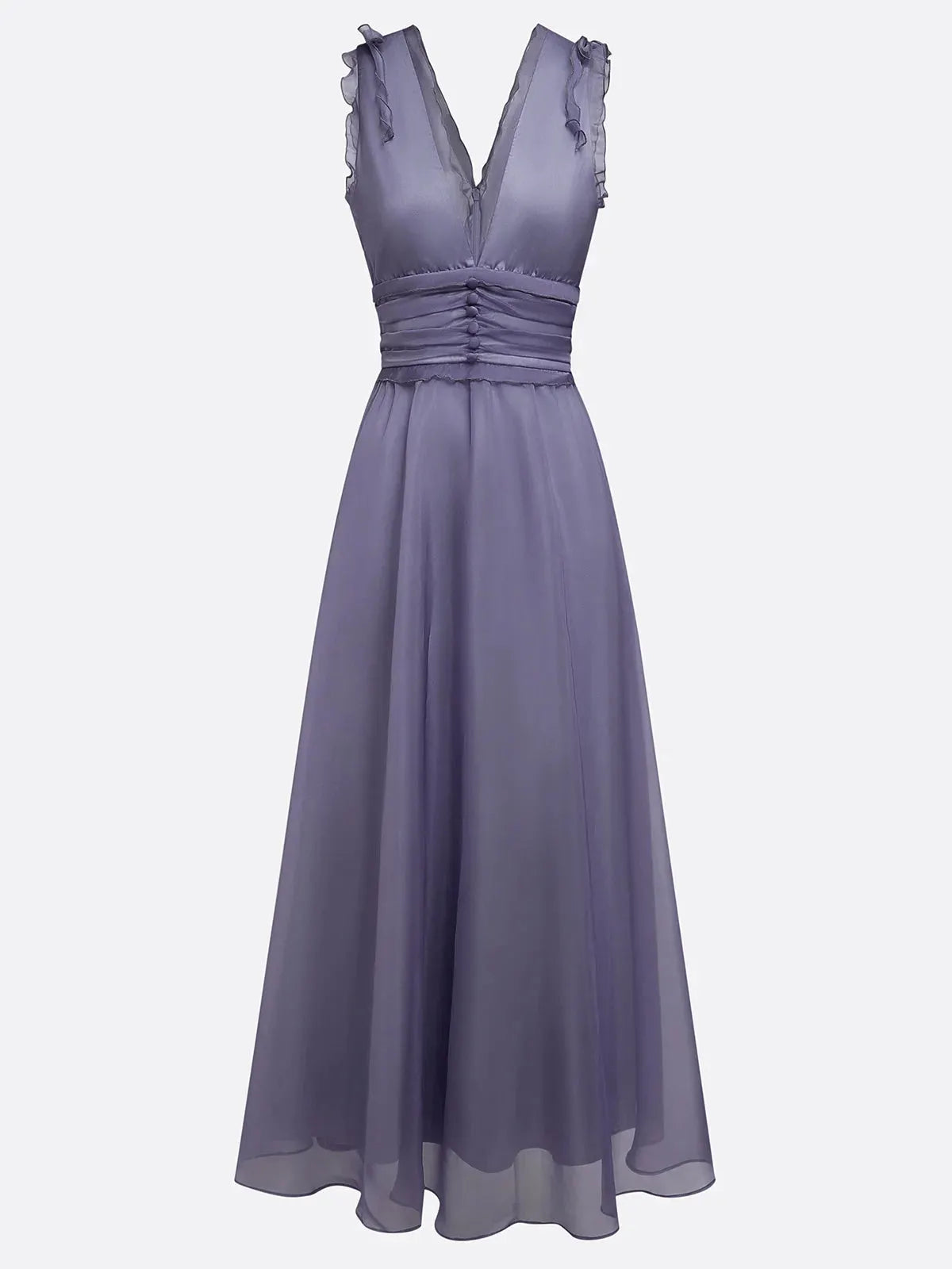 Deep Purple Ruffled Chiffon V Neck Sleeveless A-Line Gown Dress