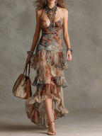Bohemian  Vintage Tie-Dye Print Halter Neck Tiered Chiffon Maxi Dress