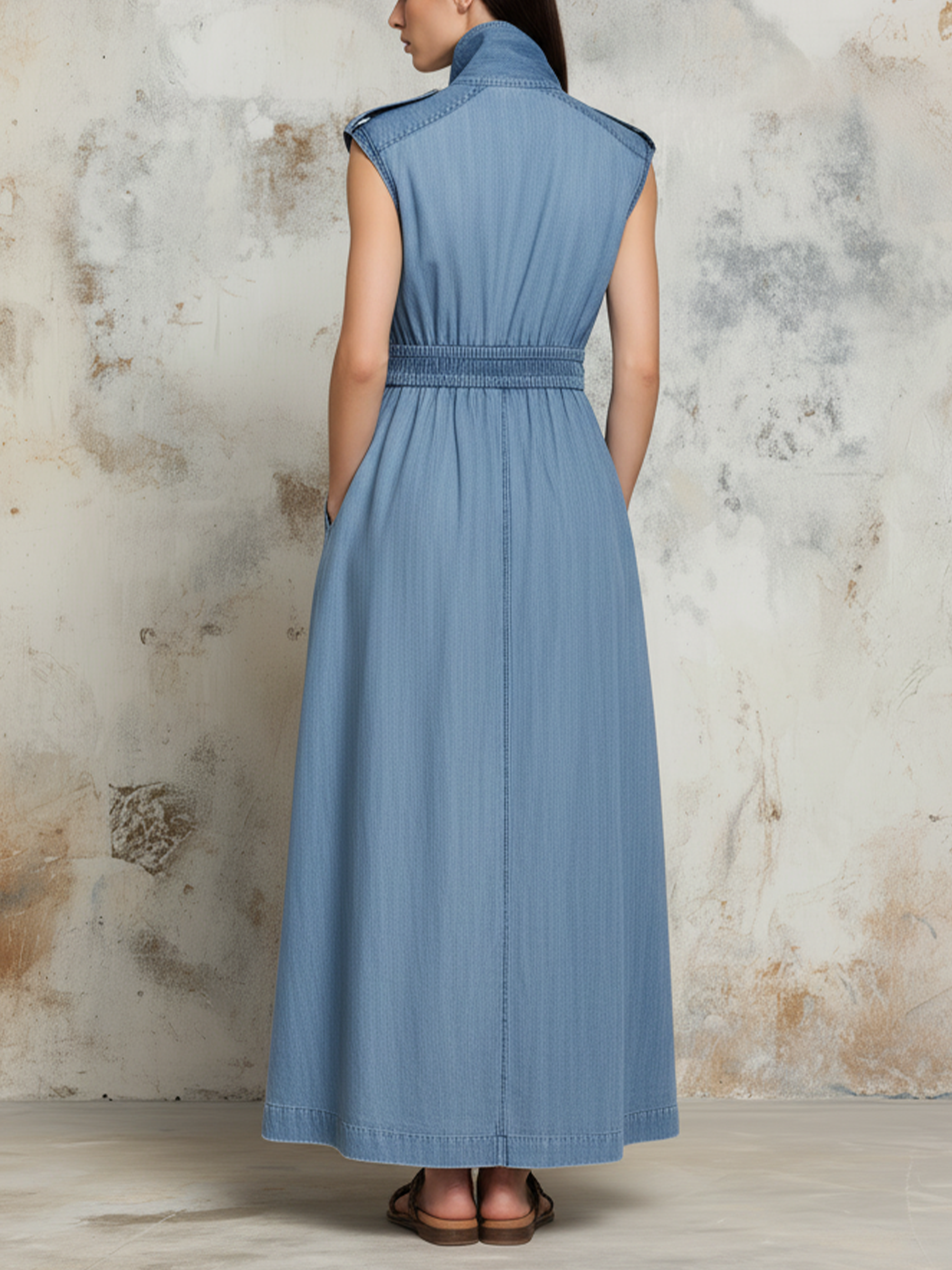 Light Wash Denim Sleeveless Maxi Dress | Stand Collar Elastic Waist Casual Dress