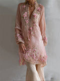 Classy Pink Floral Glitter Embroidered Flowy Linen Long Tunic