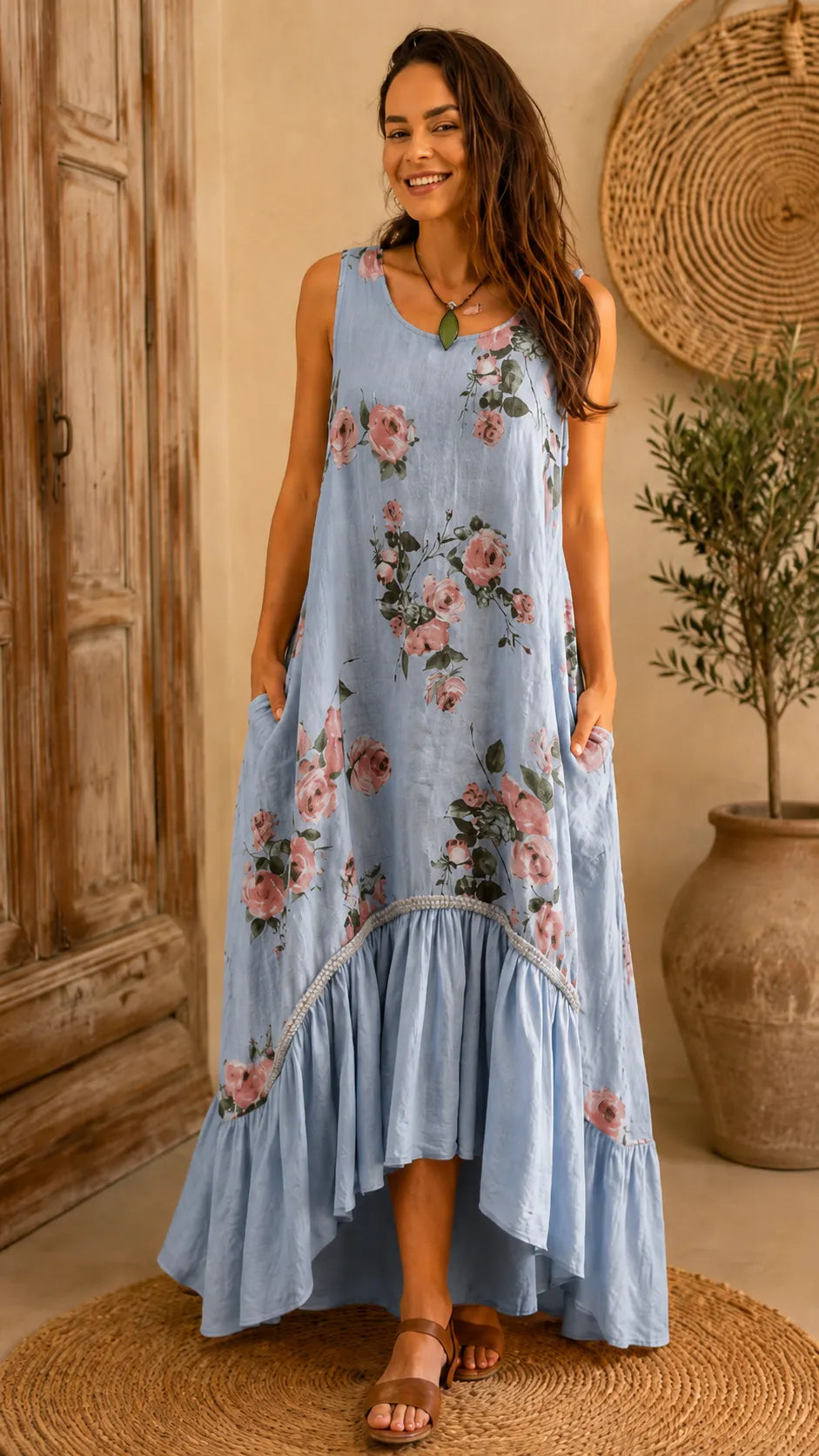 Rose Floral Sleeveless Linen-Blend Maxi Dress