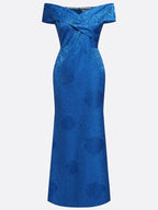 Blue Jacquard Floral Satin Off The Shoulder Sleeveless Sheath Maxi Dress