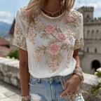 Women's Vintage Pink Rose Embroidery Art Short Sleeve Linen Blend T-shirt