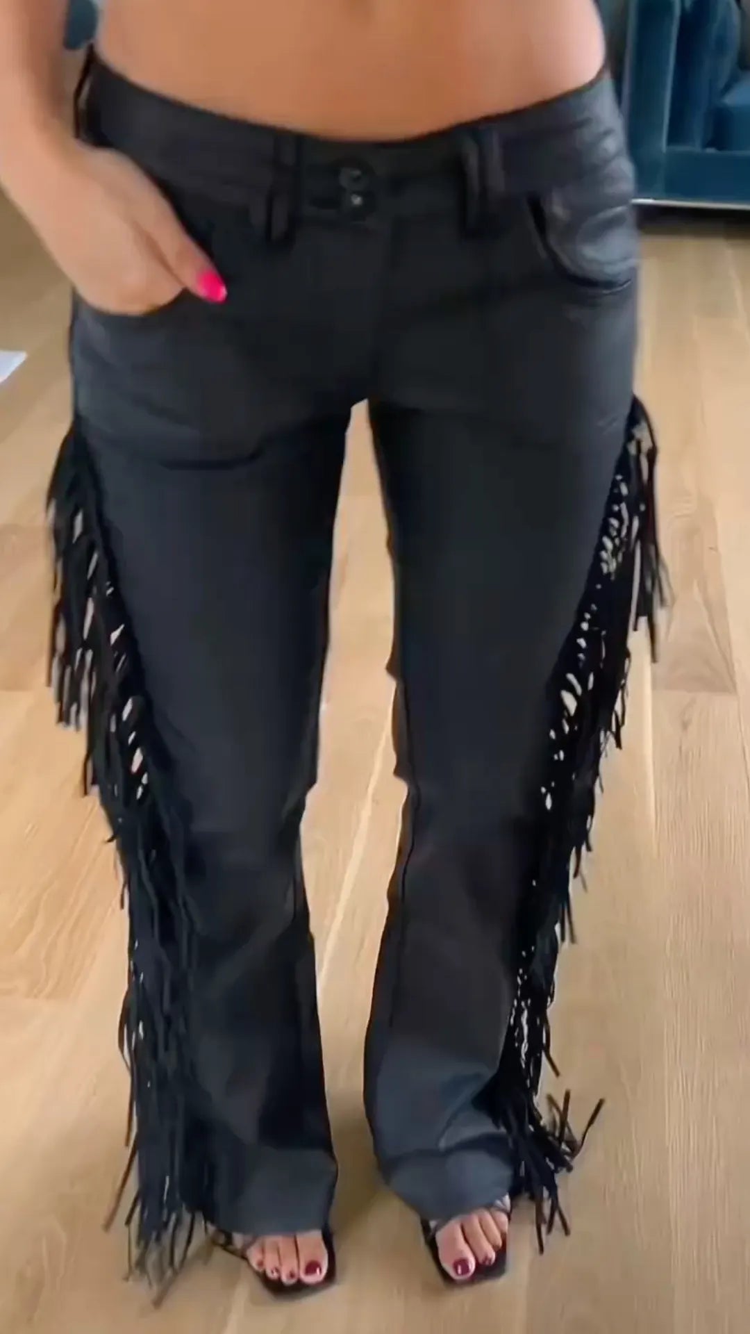 Low‐Rise Fringe Faux Leather Flare Pants