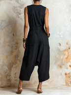 Black Linen-Blend Sleeveless Harem Jumpsuit | Effortless Boho Utility Style