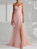 Pink Ruched Slit Tulle Strapless Sleeveless Sheath Gown Dress