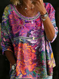 Women's Vintage Floral Casual Loose Denim Blouse Shirt
