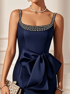 Purplish Blue Hotfix Embellished Bow Satin Square Neck Sleeveless Sheath Midi Dress