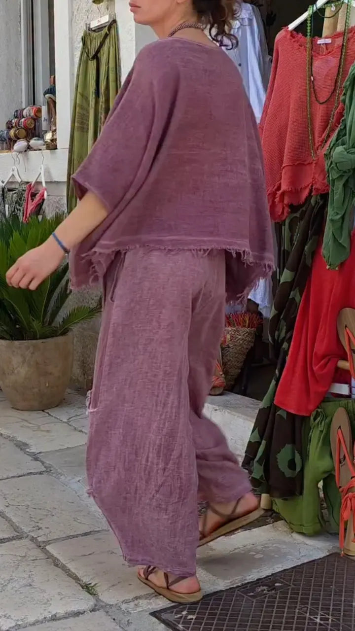 Mauve Frayed Linen Two Piece Set