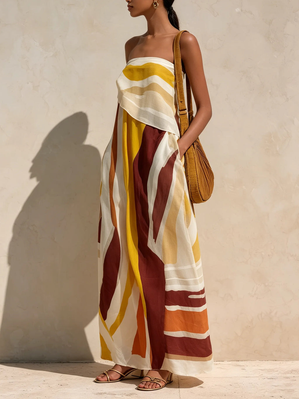 Abstract Sunset Print Strapless Maxi Dress