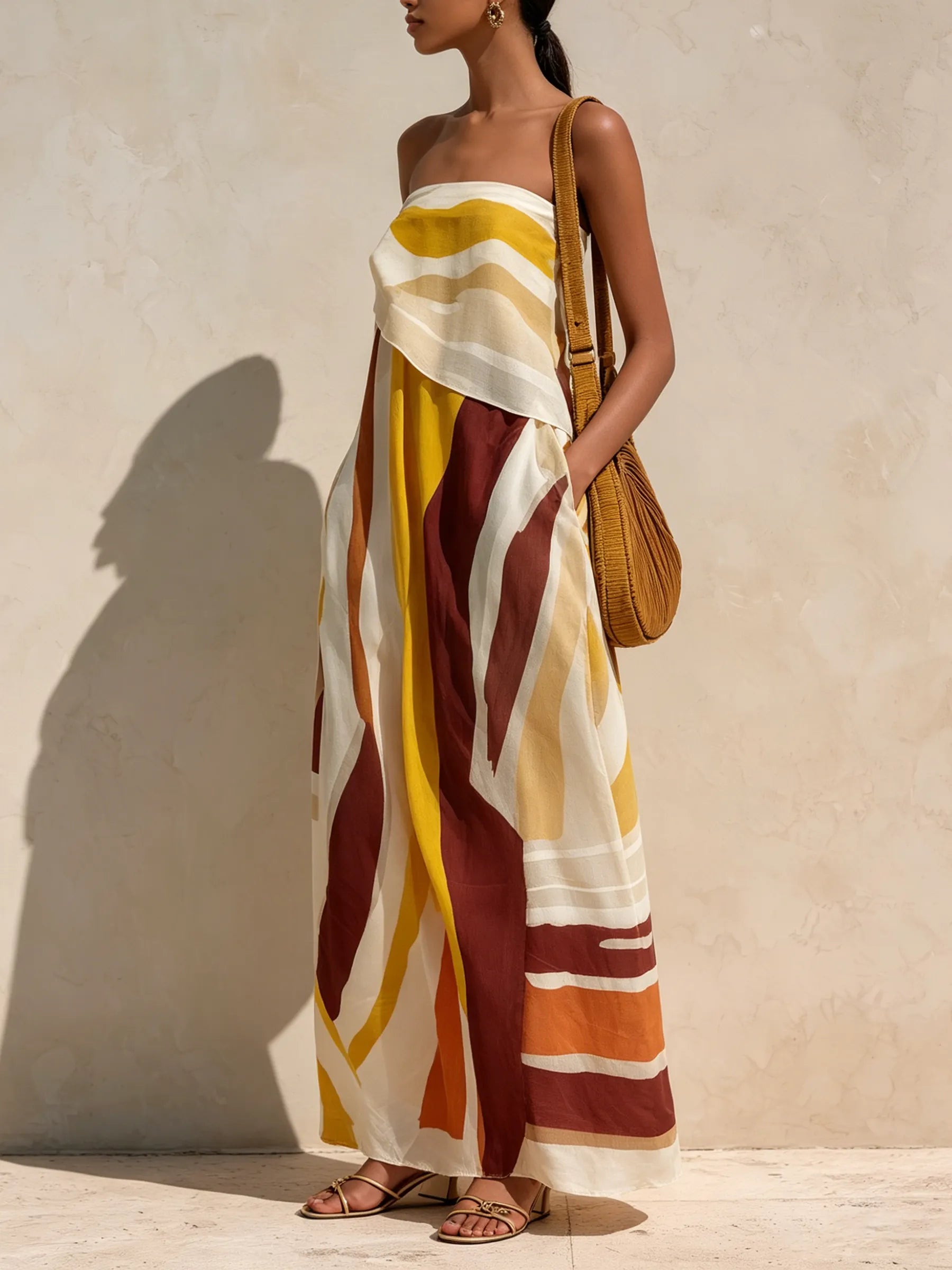 Abstract Sunset Print Strapless Maxi Dress