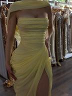 Luxury Cream Yellow Strapless Draped Ruched Split Maxi Evening Gown