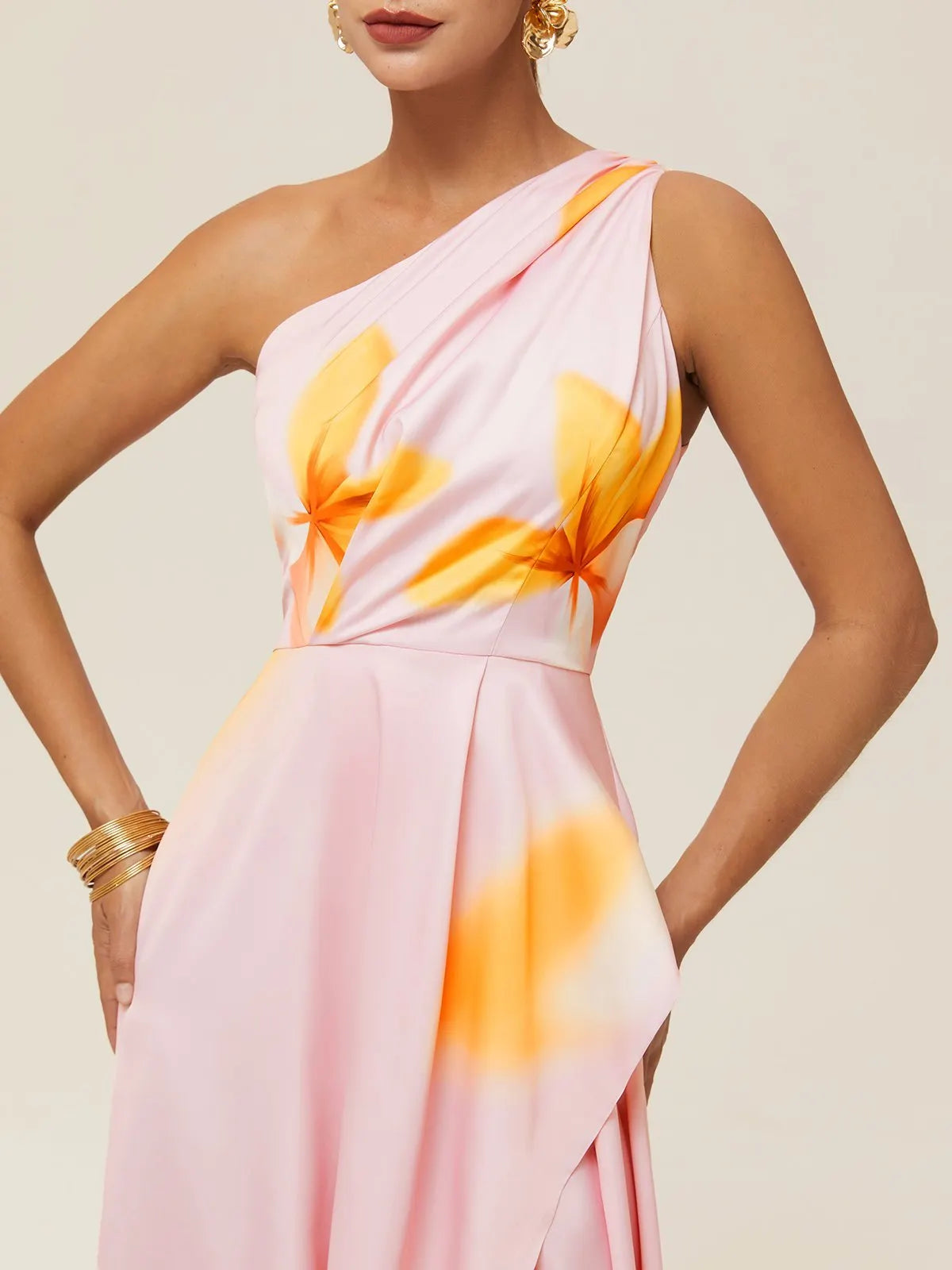 Pink Asymmetric Floral Classic One Shoulder Sleeveless A-Line Maxi Dress