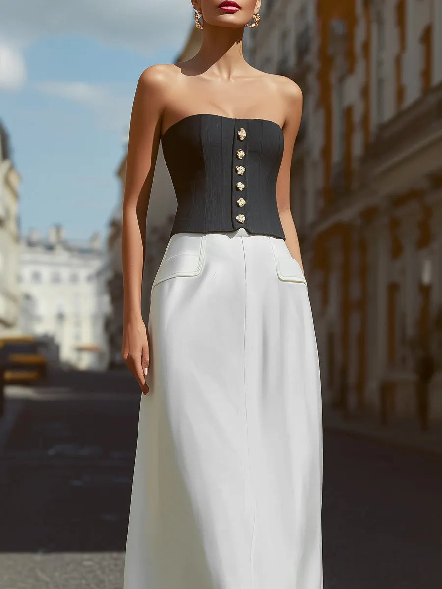 Strapless Buttoned Corset Top And High-Waisted Maxi Skirt Set
