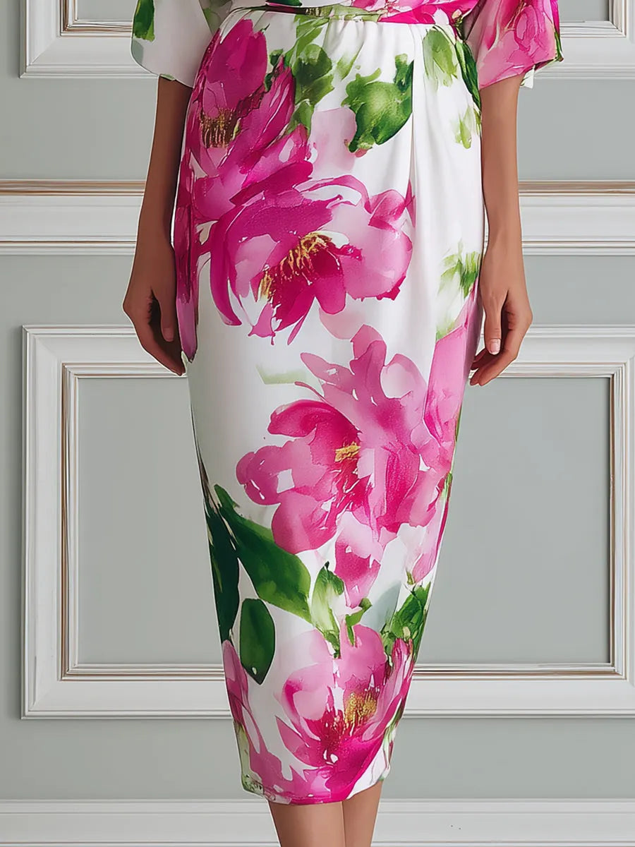 Elegant Floral Draped Midi Dress