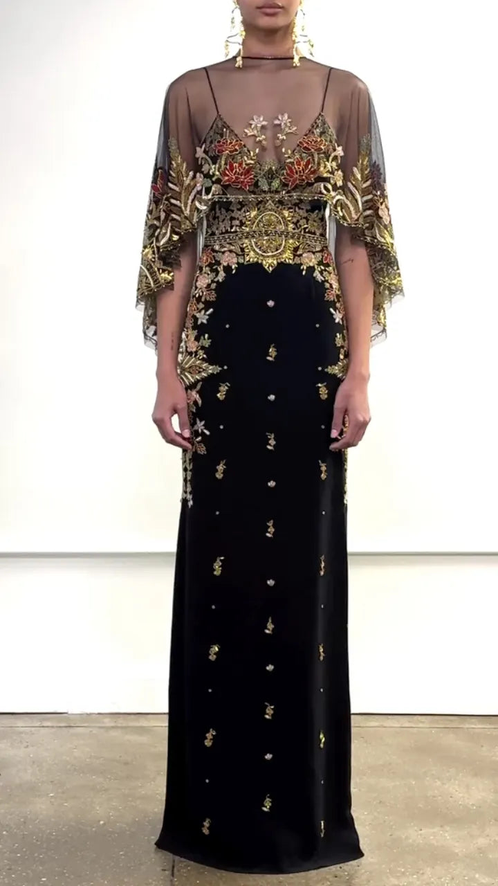 Black Embroidered Maxi Evening Gown