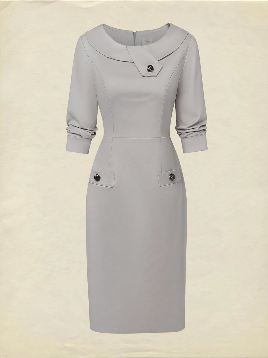 Midi Cotton Dress, Half Sleeve, Round Neck, Plain, Button Design, French Vintage, Gray