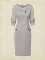 Midi Cotton Dress, Half Sleeve, Round Neck, Plain, Button Design, French Vintage, Gray