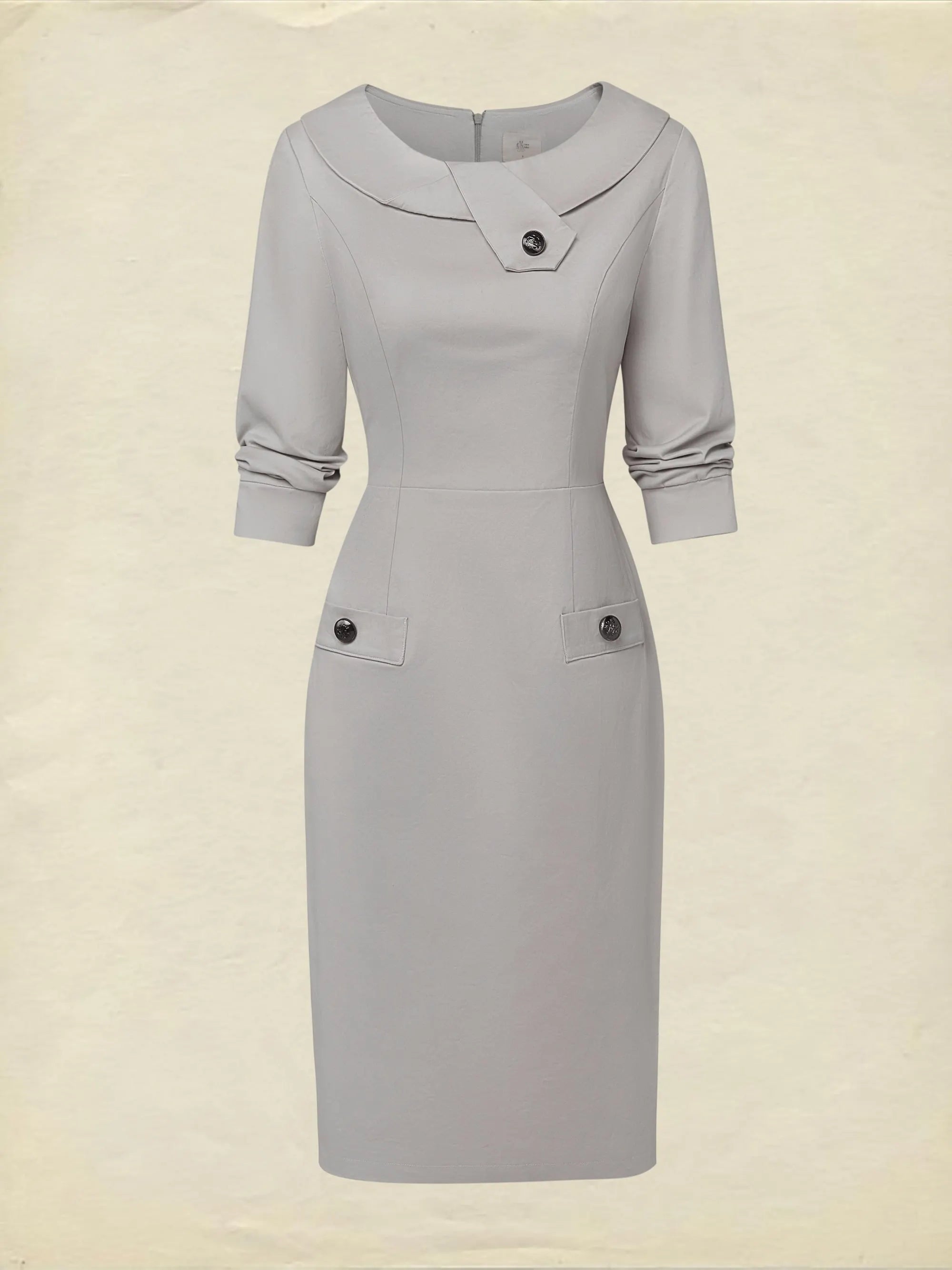 Midi Cotton Dress, Half Sleeve, Round Neck, Plain, Button Design, French Vintage, Gray