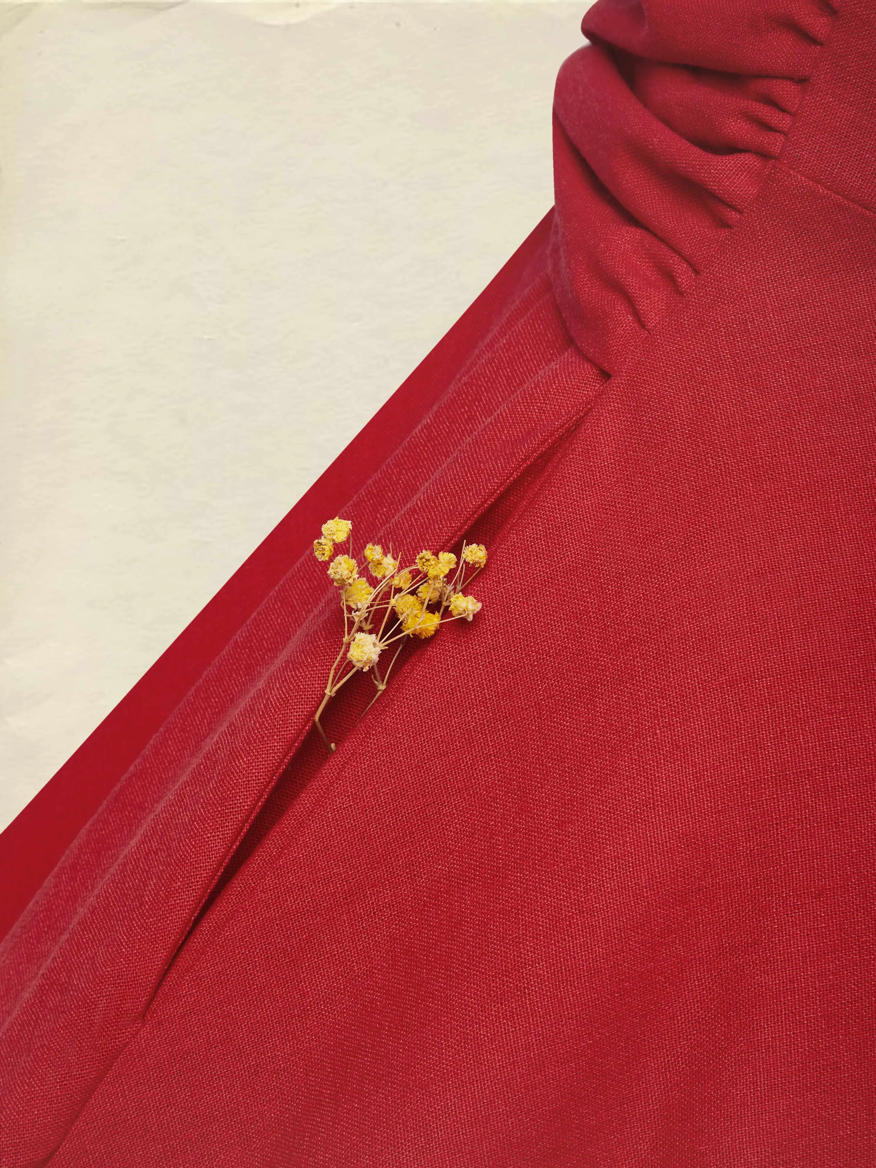 Midi Linen Dress, Half Sleeve, Shawl Collar, Plain, Button Design, French Vintage, Red