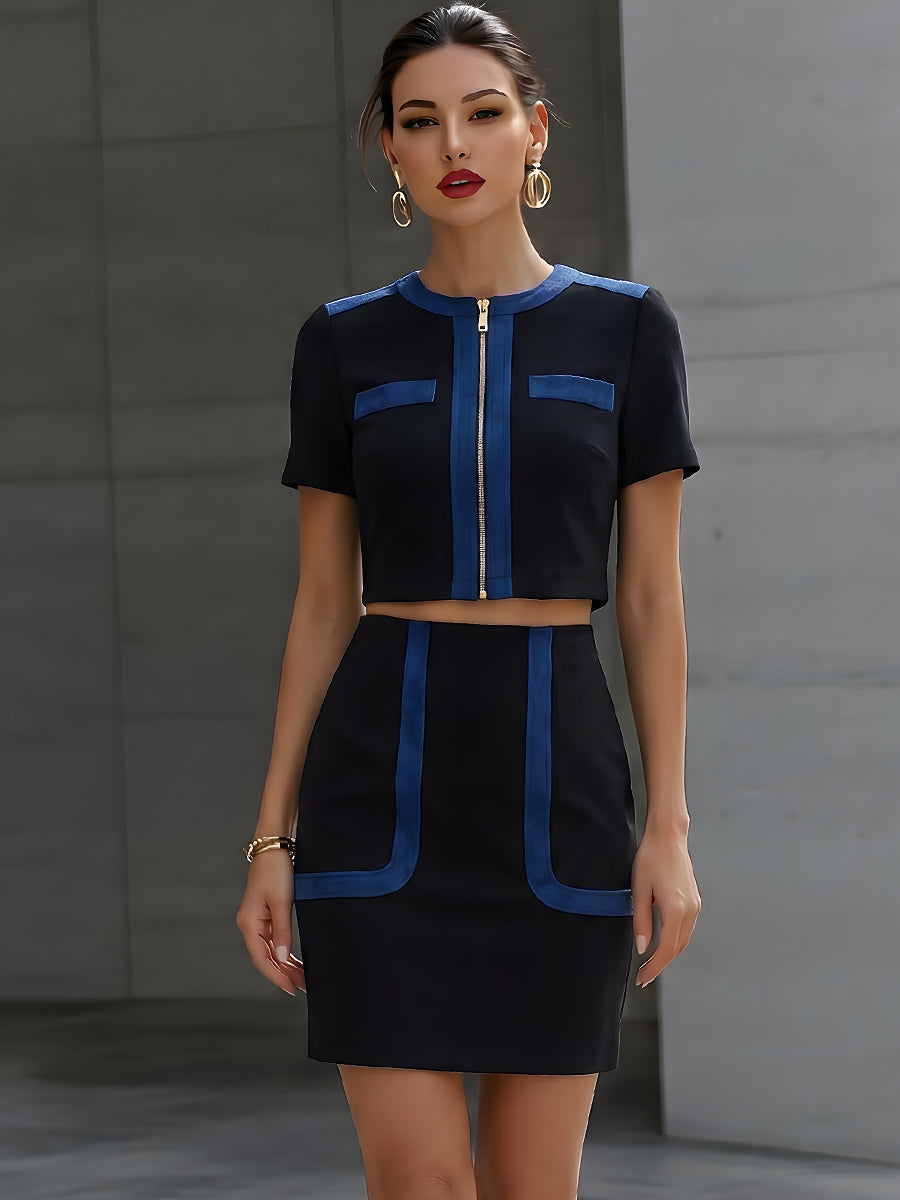 Black & Blue Color-Block Short-Sleeve Crop Top + Mini Skirt Two-Piece Set