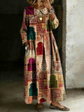 Women's Retro Ethnic Patchwork Art Print Lapel Collar Pleated Long Sleeve Casual Loose Denim Dress
