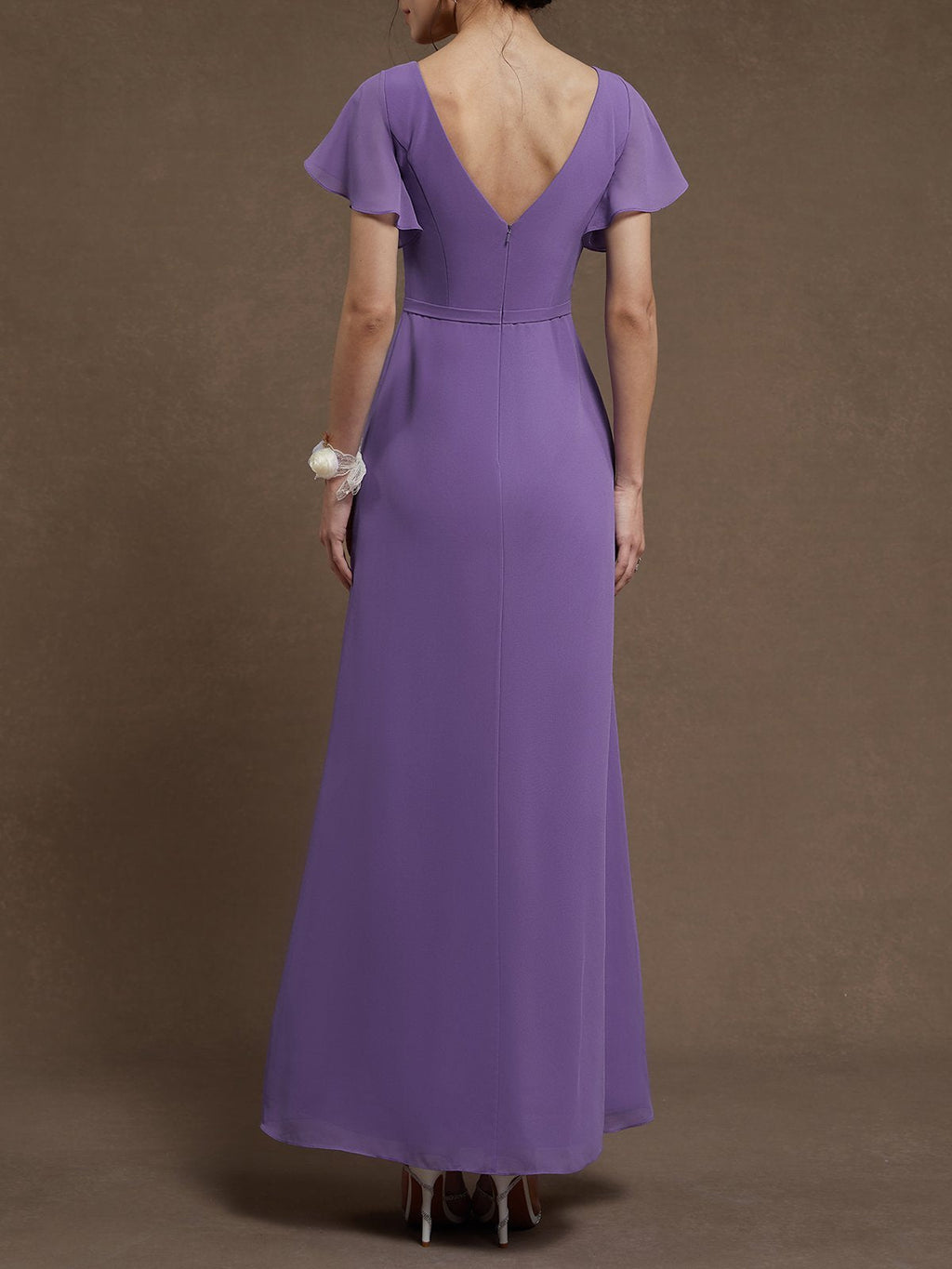 Purple Ruched V Neck Ruffle Sleeve A-Line Maxi Chiffon Bridesmaid Dress