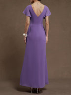 Purple Ruched V Neck Ruffle Sleeve A-Line Maxi Chiffon Bridesmaid Dress