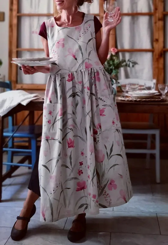 Watercolor Floral Square-Neck Apron with Pockets