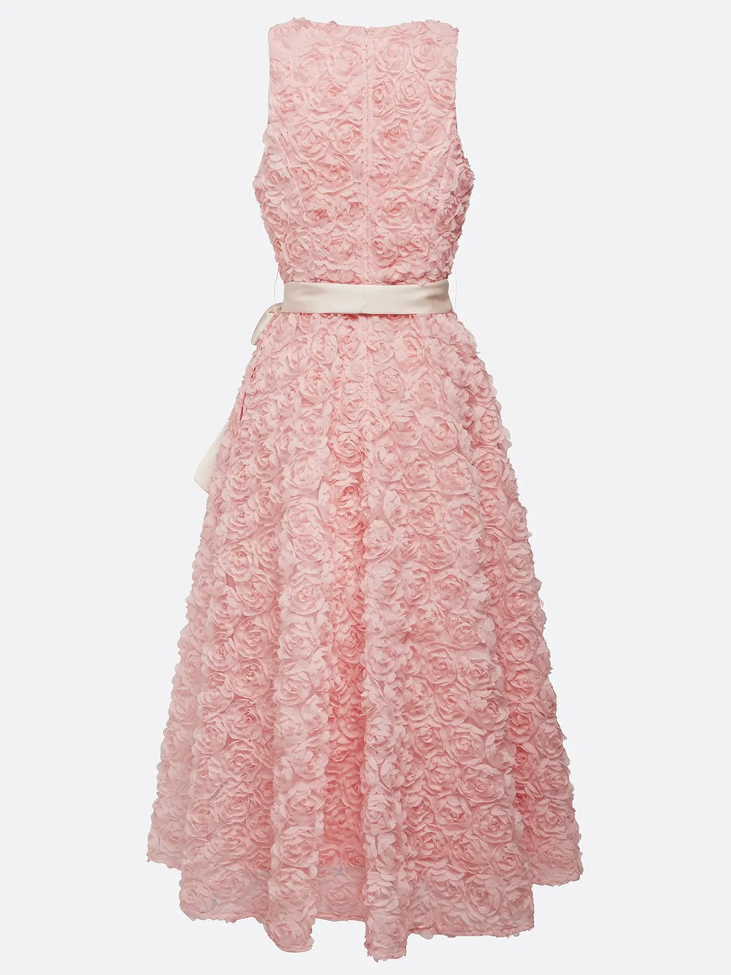 Pink 3D Floral Bow Crew Neck A-Line Midi Dress With Pockets
