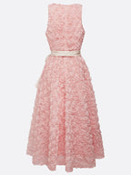 Pink 3D Floral Bow Crew Neck A-Line Midi Dress With Pockets
